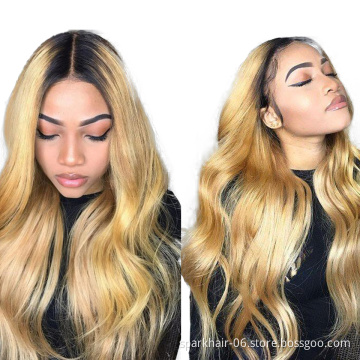 150% Ombre Blonde Lace Front Human Hair Wig Straight Remy 1B/27 Colored Human Hair Ombre Wigs 1B/613 Deep Part Swiss Lace Wig